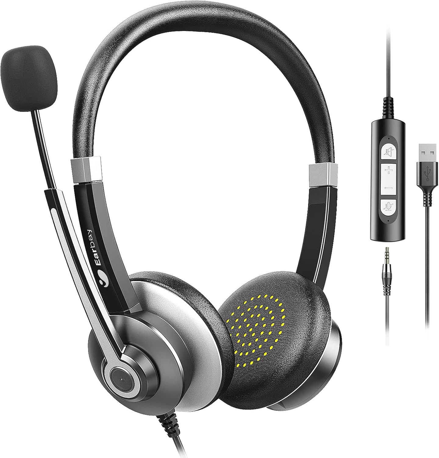 USB Headset with Microphone for PC, Computer Headset with Microphone Noise Cancelling for Laptop, 3.5mm Jack On-Ear Wired Headphones with Mic, Volume Control for Call Center/Skype/Zoom/Webinar