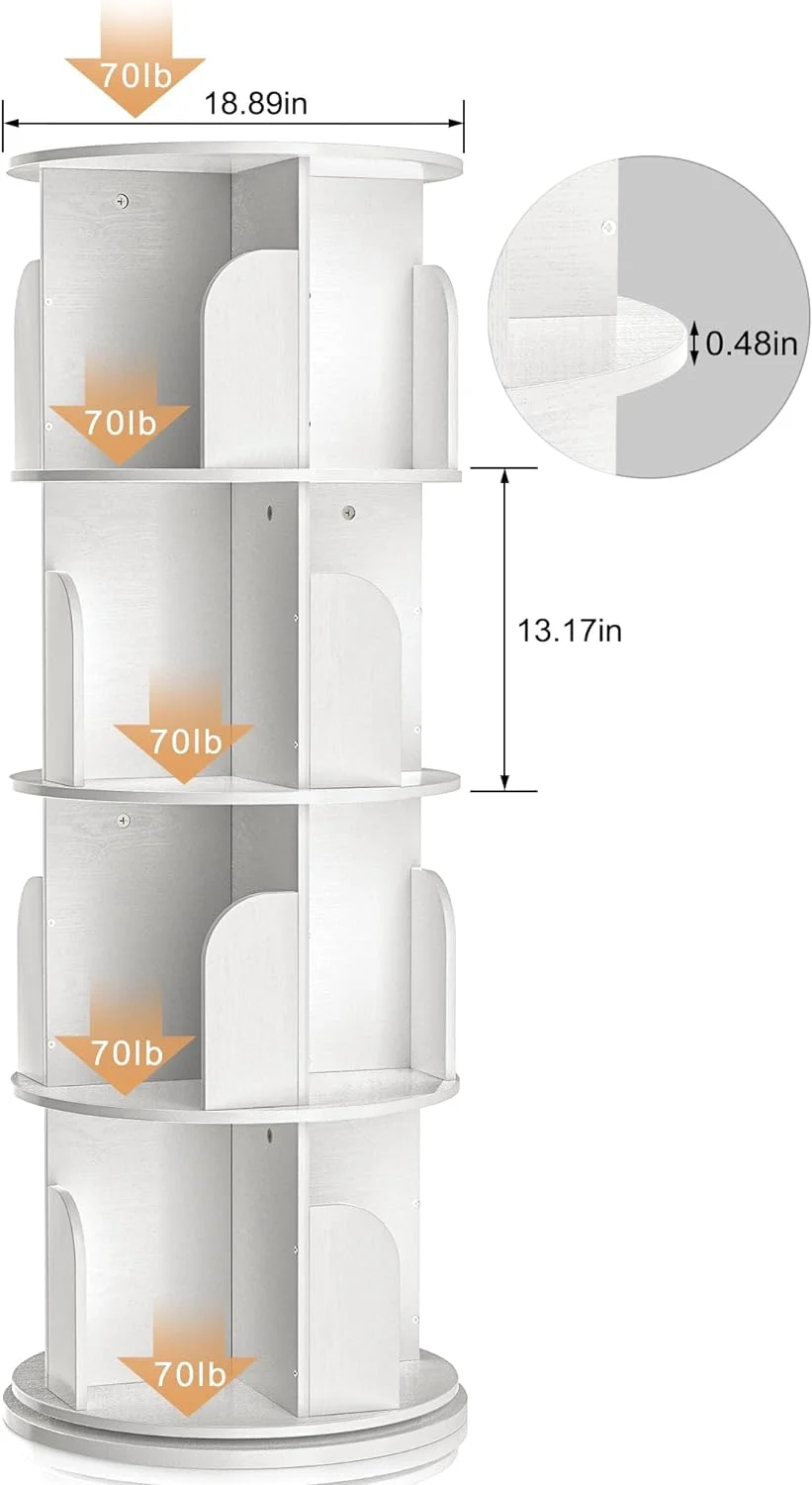 Rotating Bookshelf, Small Bookshelf for Small Space, 360 Display 4 Tier Floor Standing Bookcase Storage Rack, Wood Narrow Book Shelf Organizer for Bedroom, Living Room (White)