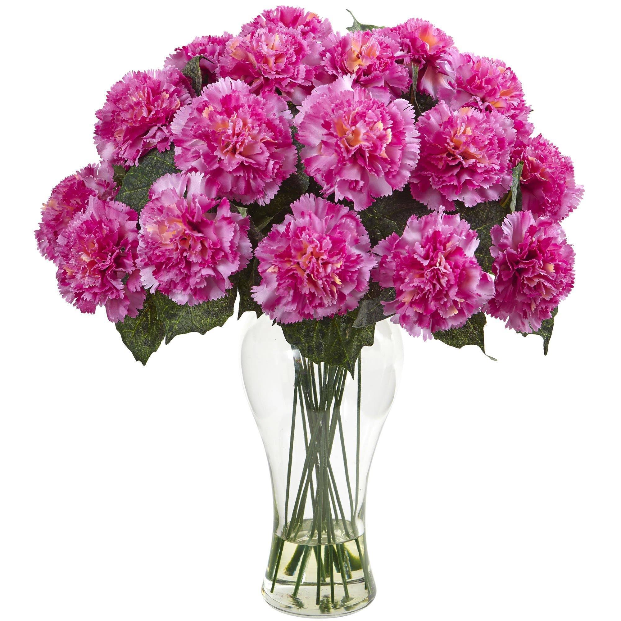 Nearly Natural Blooming Carnation Arrangement w/Vase Orange
