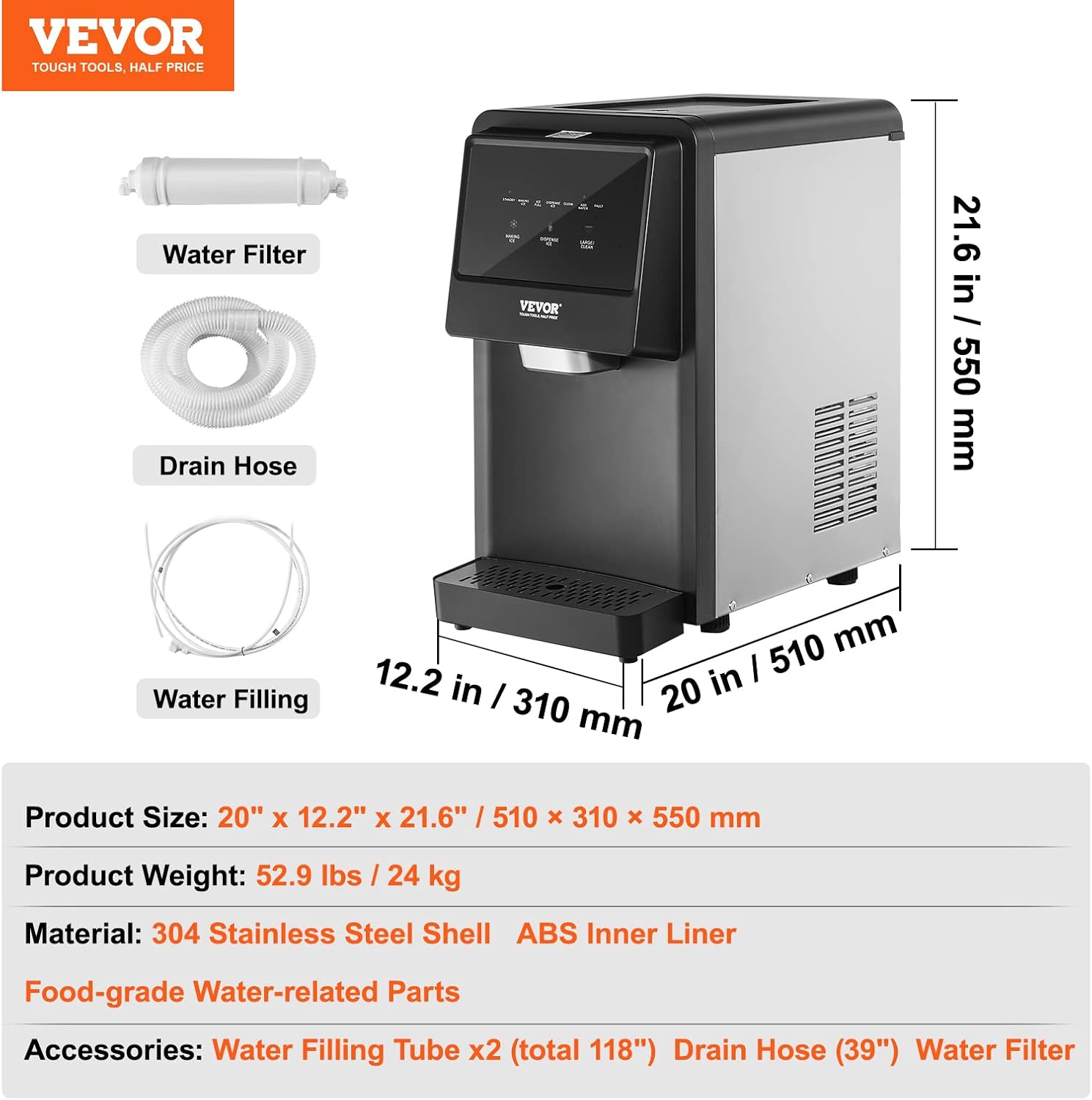 VEVOR Nugget Ice Maker, 62lbs in 24Hrs, Self-Cleaning Countertop Nugget Ice Dispenser with 6 lbs Ice Storage, for Home Kitchen Office Party