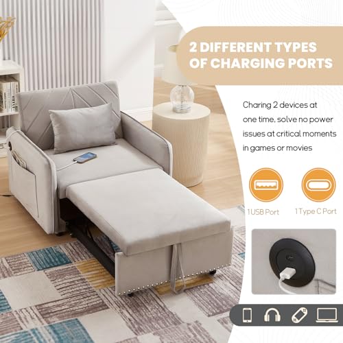 Convertible Chair Bed with USB Ports, 3 in 1 Modern Velvet Pull Out Sofa Bed Chair, Single Sleeper Chair with Pillow for Living Room, Small Spaces, Apartment, Office, Black