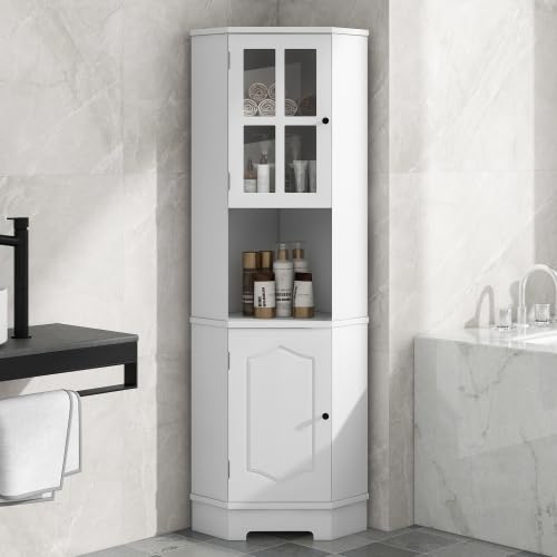 Tall Corner Cabinet,Free Standing Corner Storage Cabinet with Adjustable Shelves and Doors,Open Storage for Bathroom Kitchen Living Room White