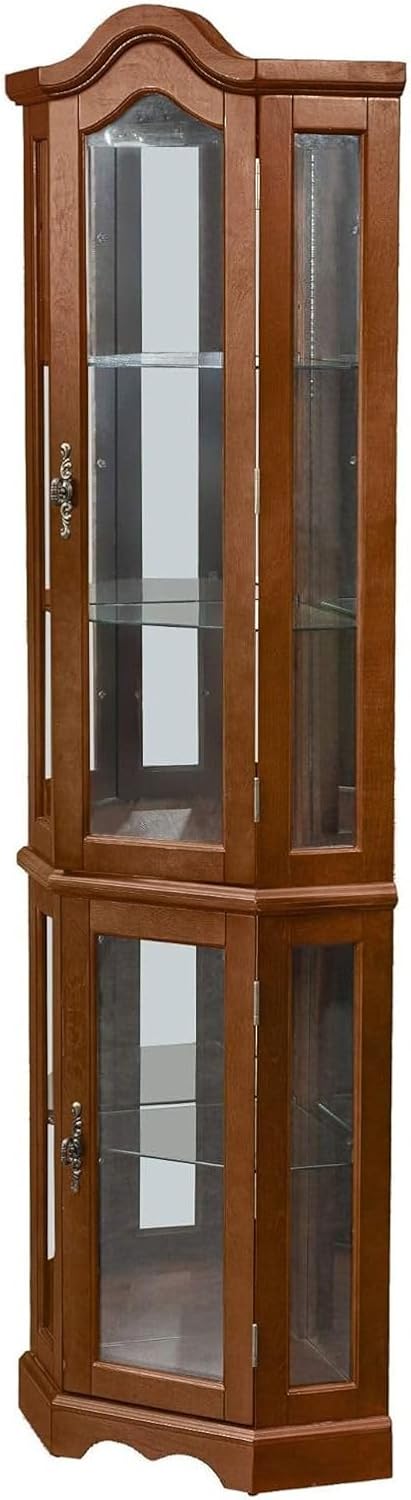 Elegant Walnut Corner Curio Cabinet, 70.25" Height with Glass Doors and Shelves, Classic Brown Finish Display Cabinet, Perfect for Displaying Collectibles and Decorative Items