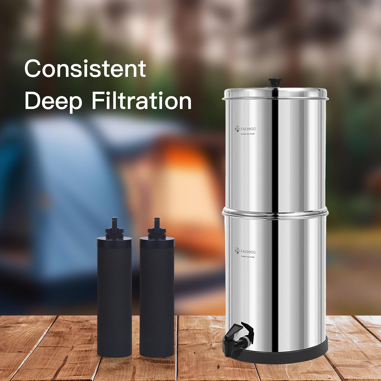 Gravity-fed Water Filter System, 1.5-Gallon Stainless Steel Countertop System with 4 Black Filters and Spigot, Reduces 99% Chlorine, King Tank Series