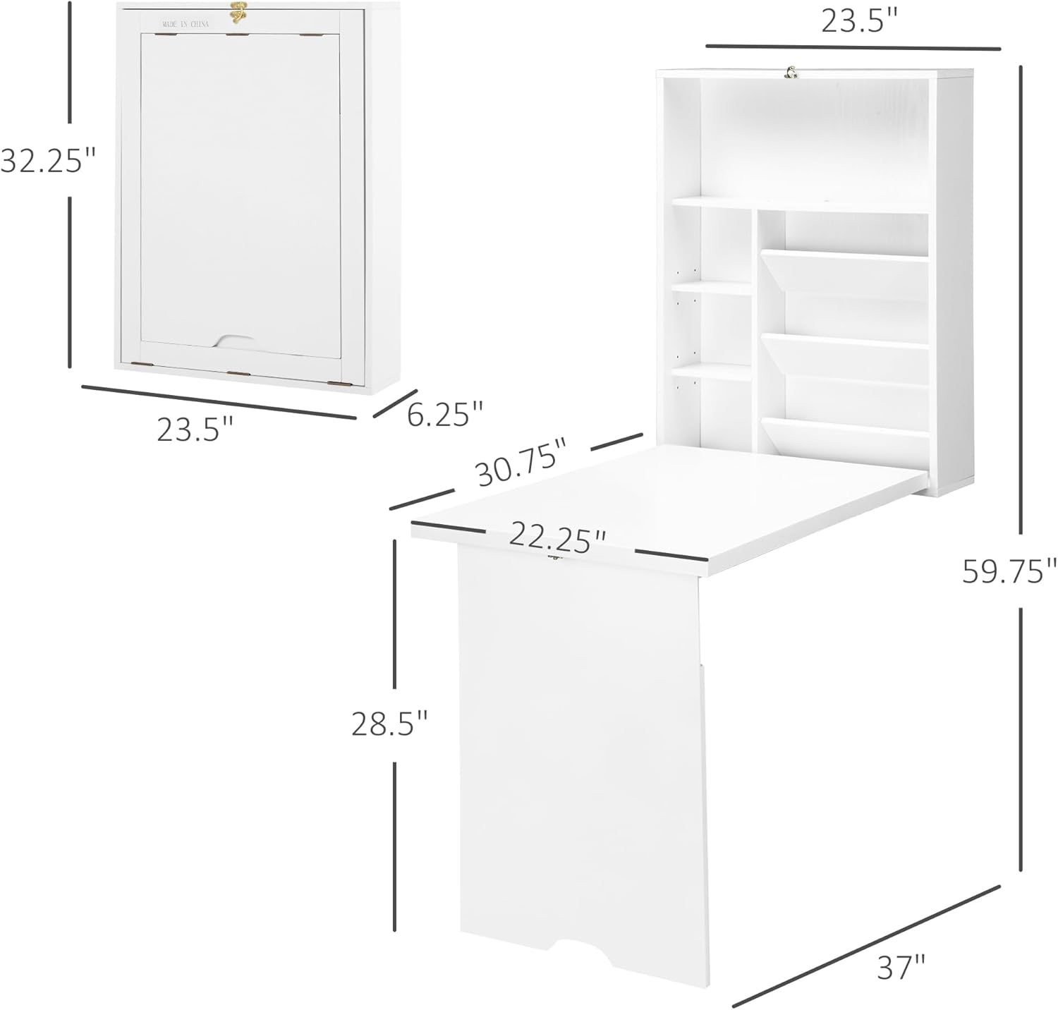 Wall Mounted Fold Out Convertible Desk, Multi-Function Floating Desk with Storage Shelf for Home Office, White