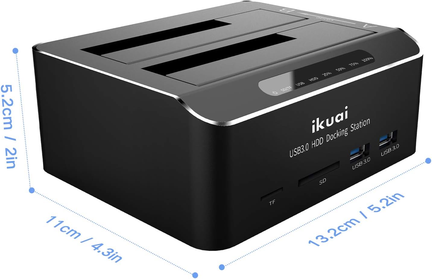 ikuai SATA to USB 3.0 Dual Bay Hard Drive Dock for 2.5 and 3.5 SATA HDD SSD with SD TF Card Reader 2 USB 3.0 Ports and Offline Clone Function External Hard Drive Docking Station (UASP Supported) Pack of 2