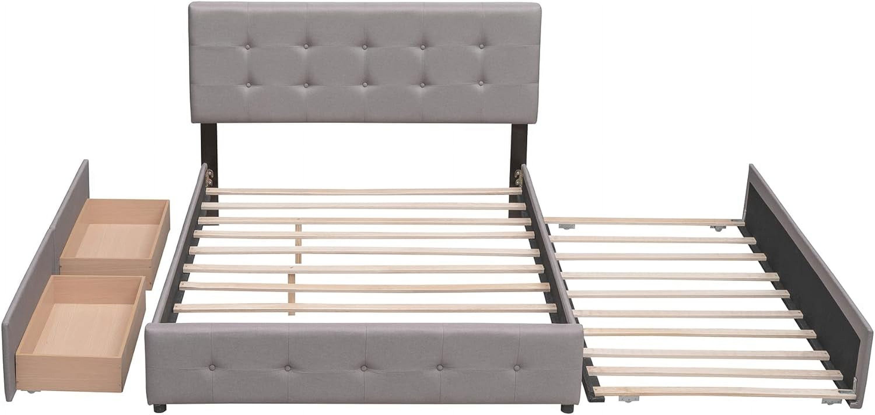 Quee Platform Bed Frame With XL Trudle Ad Drawers, Upholstered Storage Platform Bed With Headboard For Bedroom Guest Room, Lie Fabric, Light Gray