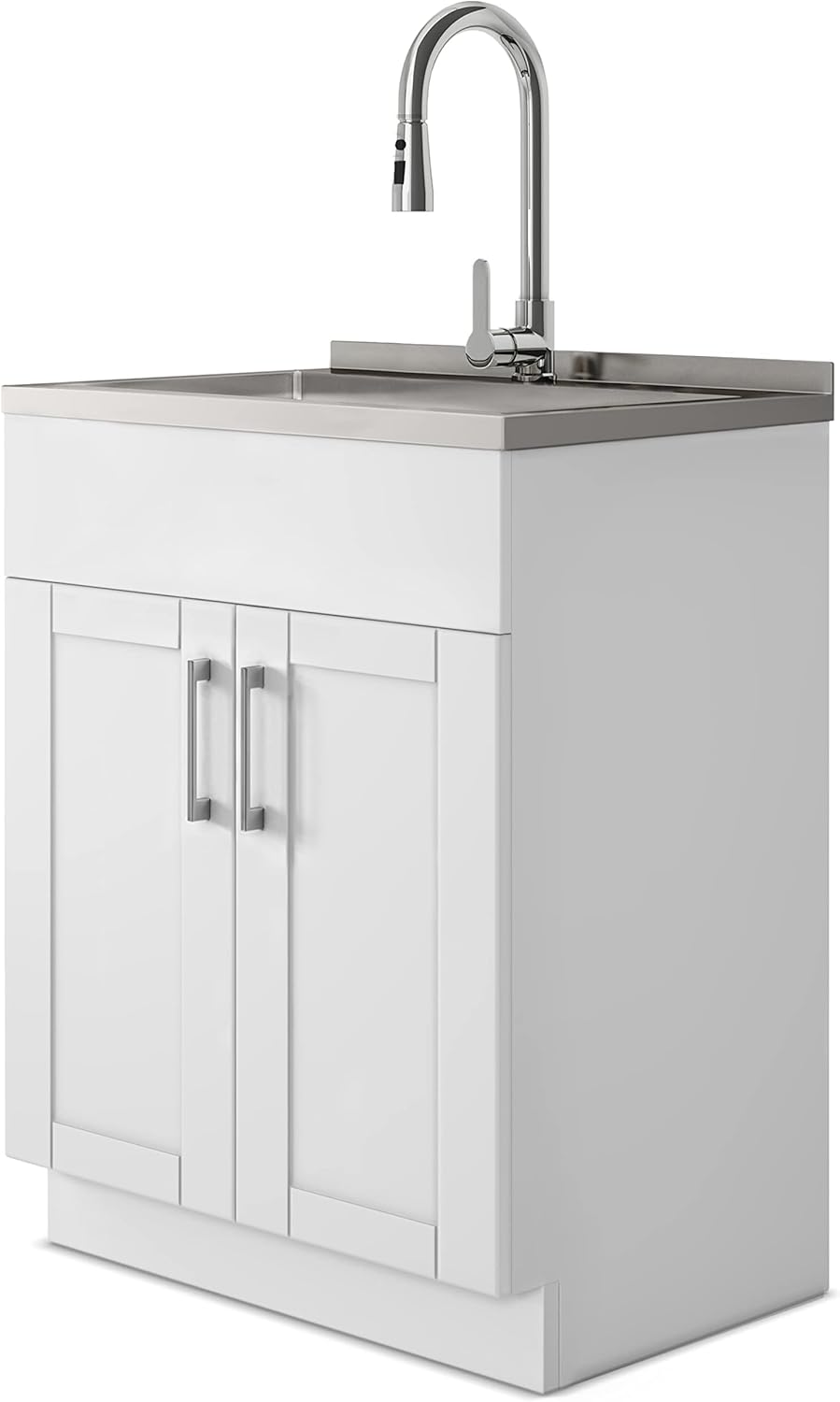SIMPLIHOME Modern Wide Shaker Transitional 28 Inch Laundry Cabinet with Faucet and Stainless Steel Sink in White, For the Laundry Room and Utility Room