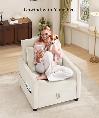 Sleeper Sofa Chair, 3 in 1 Convertible Sleeper Chair with Adjustable Backrest, 32" Pull Out Couch Bed 400lbs Support, Comfy Velvet Small Sofa Bed for Small Space with Pillow & 2 Pockets, Blue