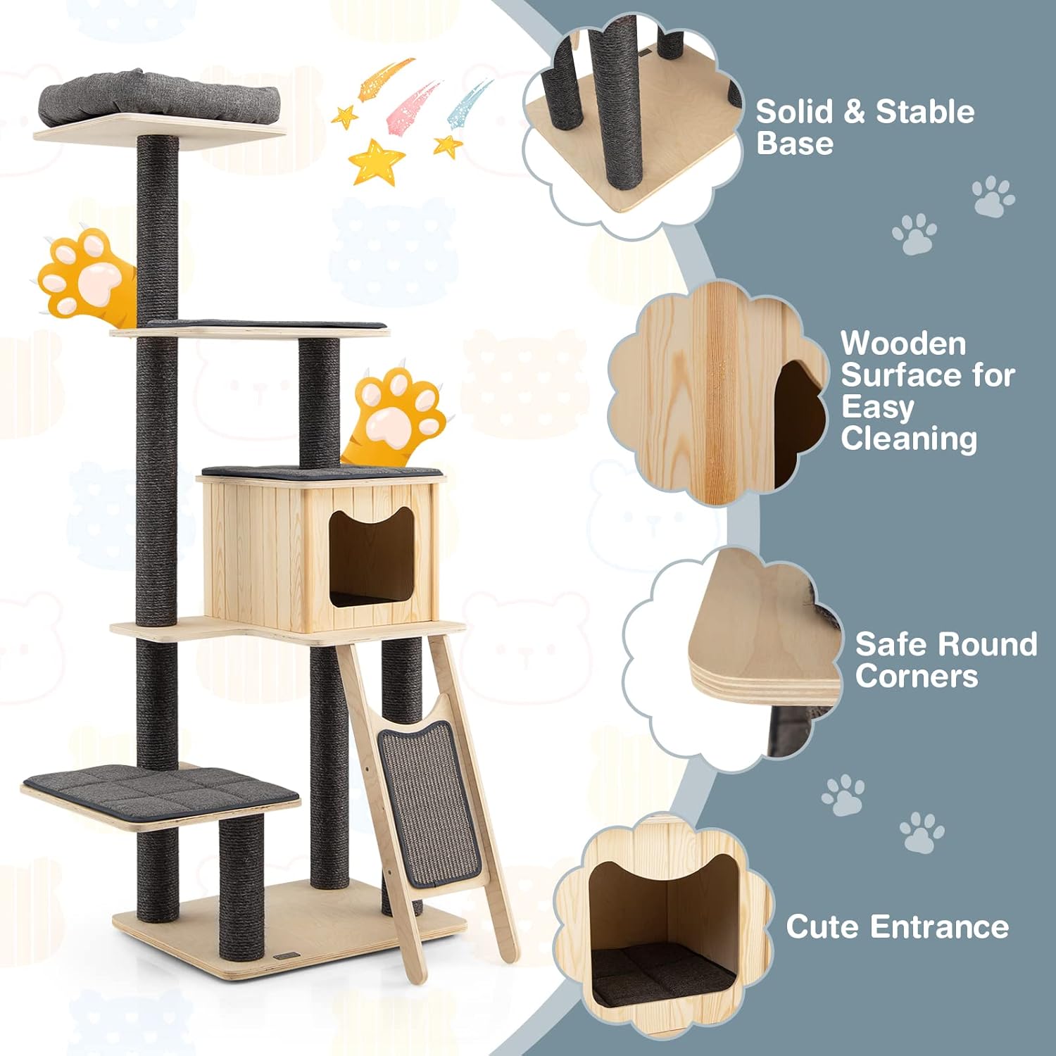 PETSITE 69" Tall Wooden Cat Tree Tower, Modern Cat Activity Center Tree with Sisal Posts & Scratch Board, Condo & Top Perch for Kitchen & Large Cat, Grey