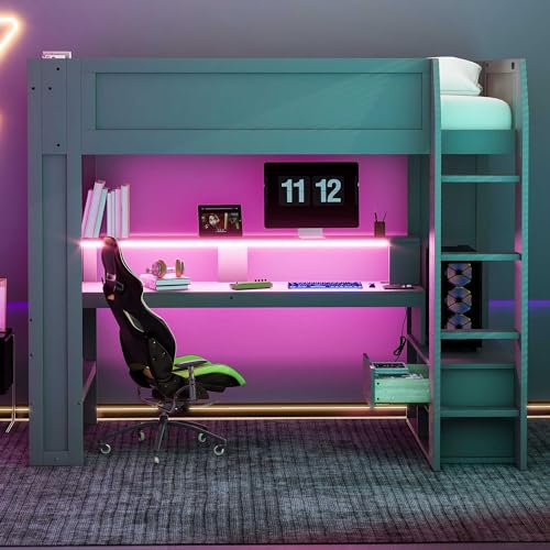 Wood Twin Size Gaming Loft Bed with Desk, Multi-Storage Shelves, LED and Charging Station，Suit High Loft Bed Frame with Bookshelf for Kids Teens Adults, (Dark Gray)