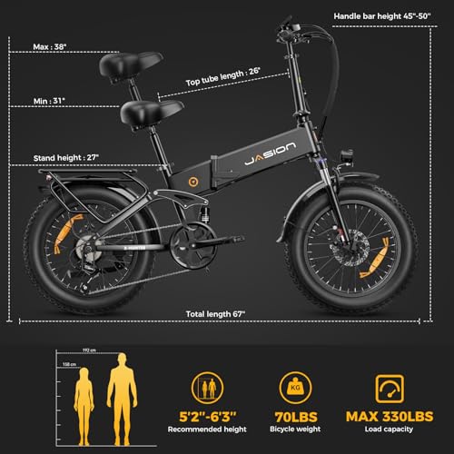 Jasion X-Hunter Electric Bike for Adults 1400W Peak Motor 30MPH Max Speed 624WH Removable Battery, Full Suspension System 20‘’*4.0 Fat Tire Foldable Ebike 7-Speed Bicycles,with Rear Basket