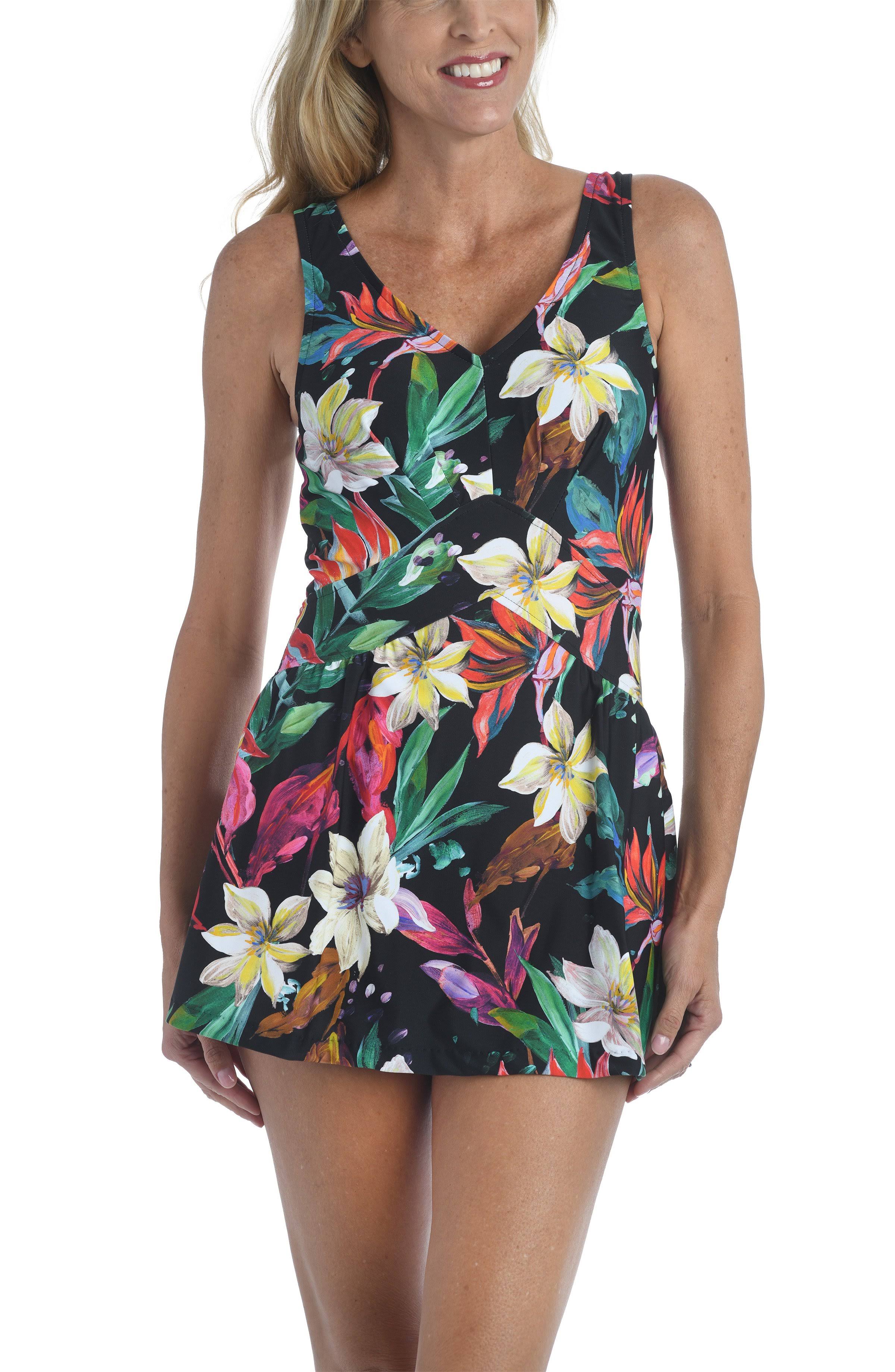Maxine of Hollywood Womens Paradise Tropical Print Swimdress Multi 14