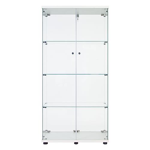 Glass Display Cabinet with Lock and Lights, Lighted Curio Cabinet with 2 Doors and 4 Shelves, Modern Collectibles Toy Organizers Rack Display Case for Living Room Home Office, White