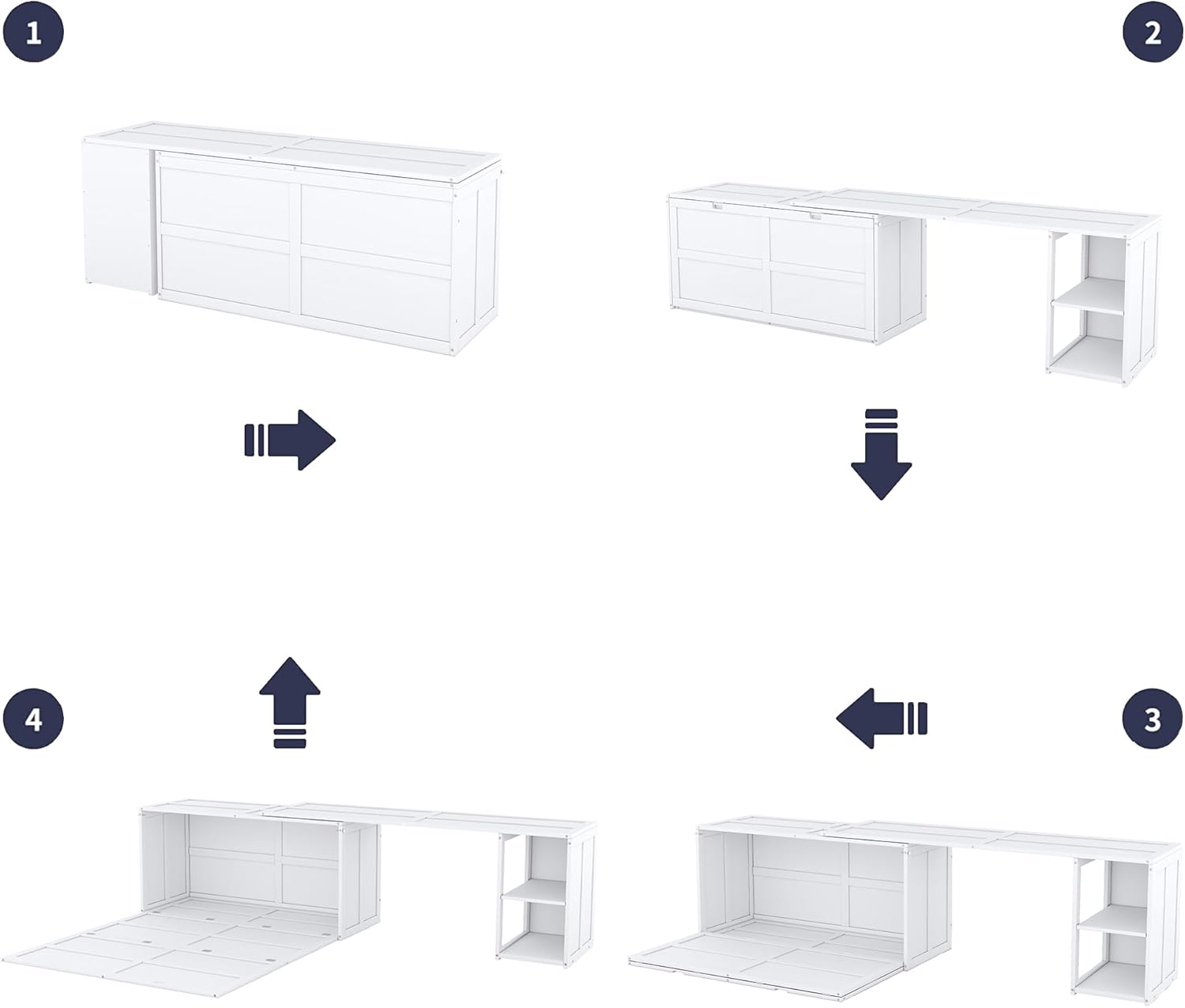 BOVZA Queen Size Murphy Bed with Rotable Desk and Storage Drawers, Cube Cabinet Bedframe for Small Spaces, White
