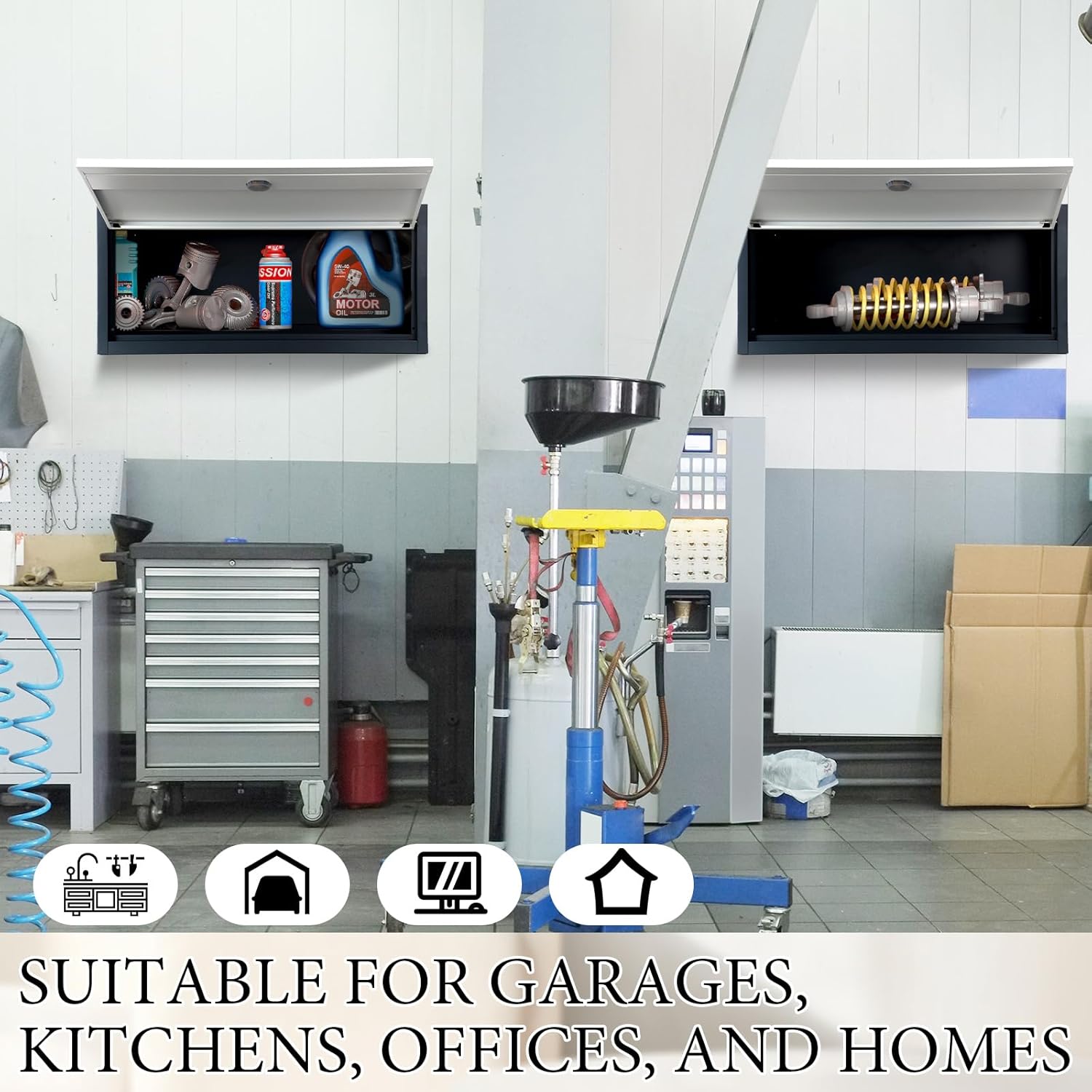 2 Pcs Metal Wall Cabinets Small Wall Mounted Cabinet Lockable Storage Cabinet with Up Flip Door Wall Steel Hanging Upper Cabinet for Garage Kitchen Office Home, 30.71 x 11.81 x 13.78