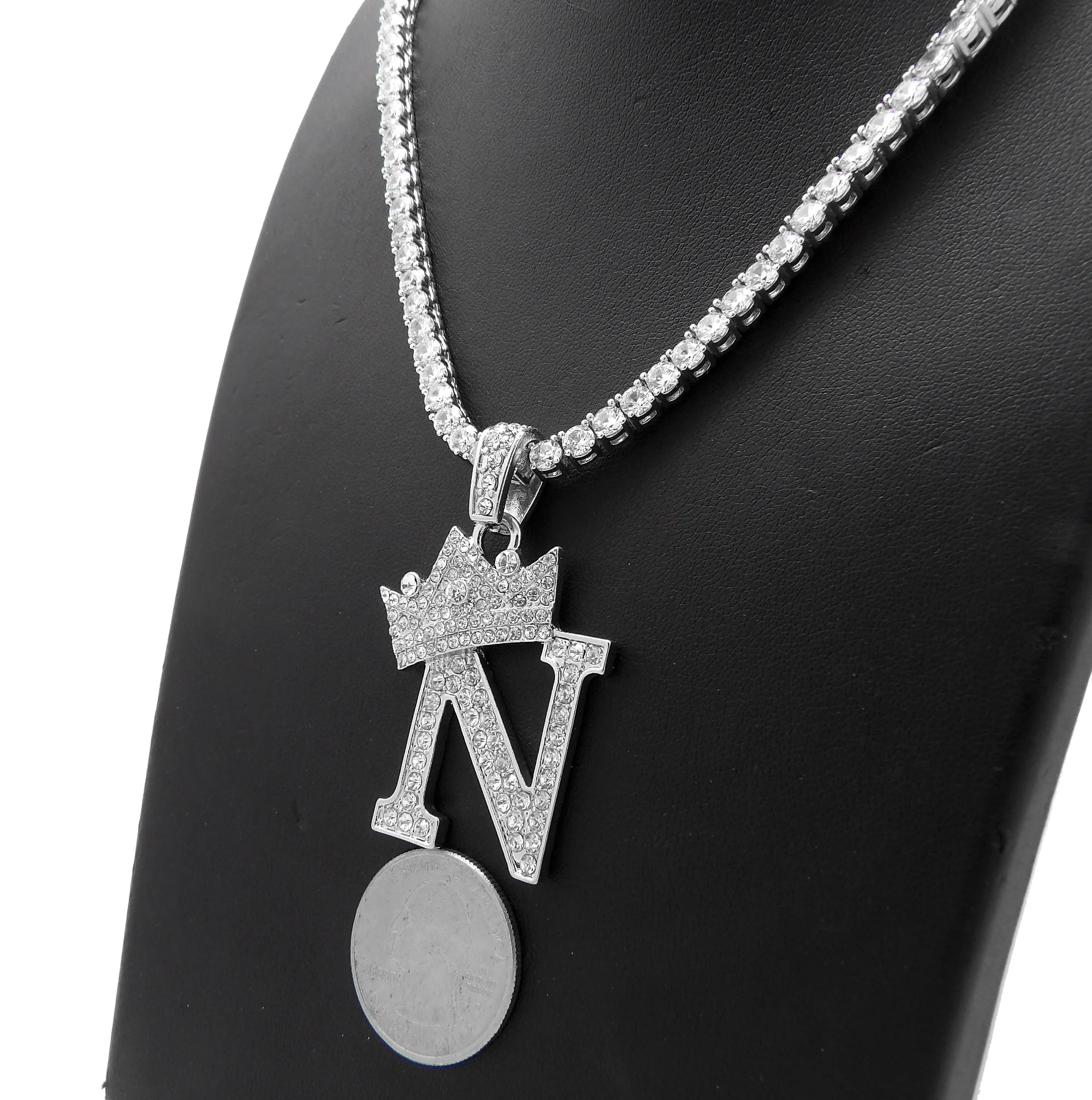 Iced Out Crown Initial Letter Pendant 4mm/18",20" Ice CZ Tennis Chain Hip Hop Necklace ( Silver N 20" )