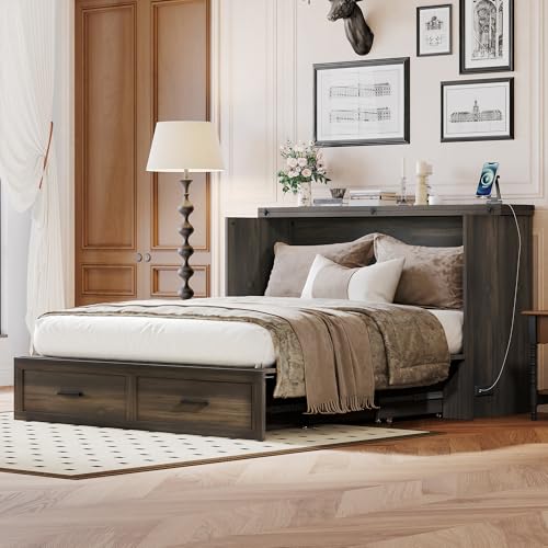 Wooden Murphy Cabinet Bed Frame with Charging Station, Full-Size Foldable Wall Bed with Large Storage Drawer for Home Apartment Limited Living Places, Space-Saving Hidden Bed No Box Spring Needed