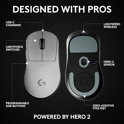 Logitech G PRO X Superlight 2 DEX Wireless Gaming Mouse, 60g pro-Grade Right-Handed Mouse with 5 programmable Buttons, USB-C Charging, 44k DPI Sensor, up to 8 kHz Polling for PC/Mac - White