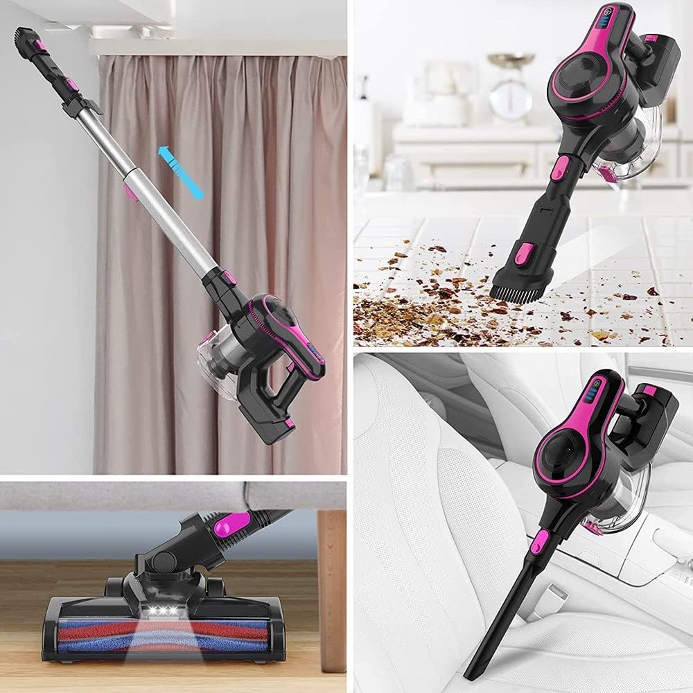 Cordless Vacuum Cleaner, 6-in-1 Rechargeable Stick Vacuum with 2200 mAh Battery, Powerful Lightweight Vacuum Cleaner, up to 45 Mins Runtime, for Home Hard Floor Carpet Pet Hair, Red