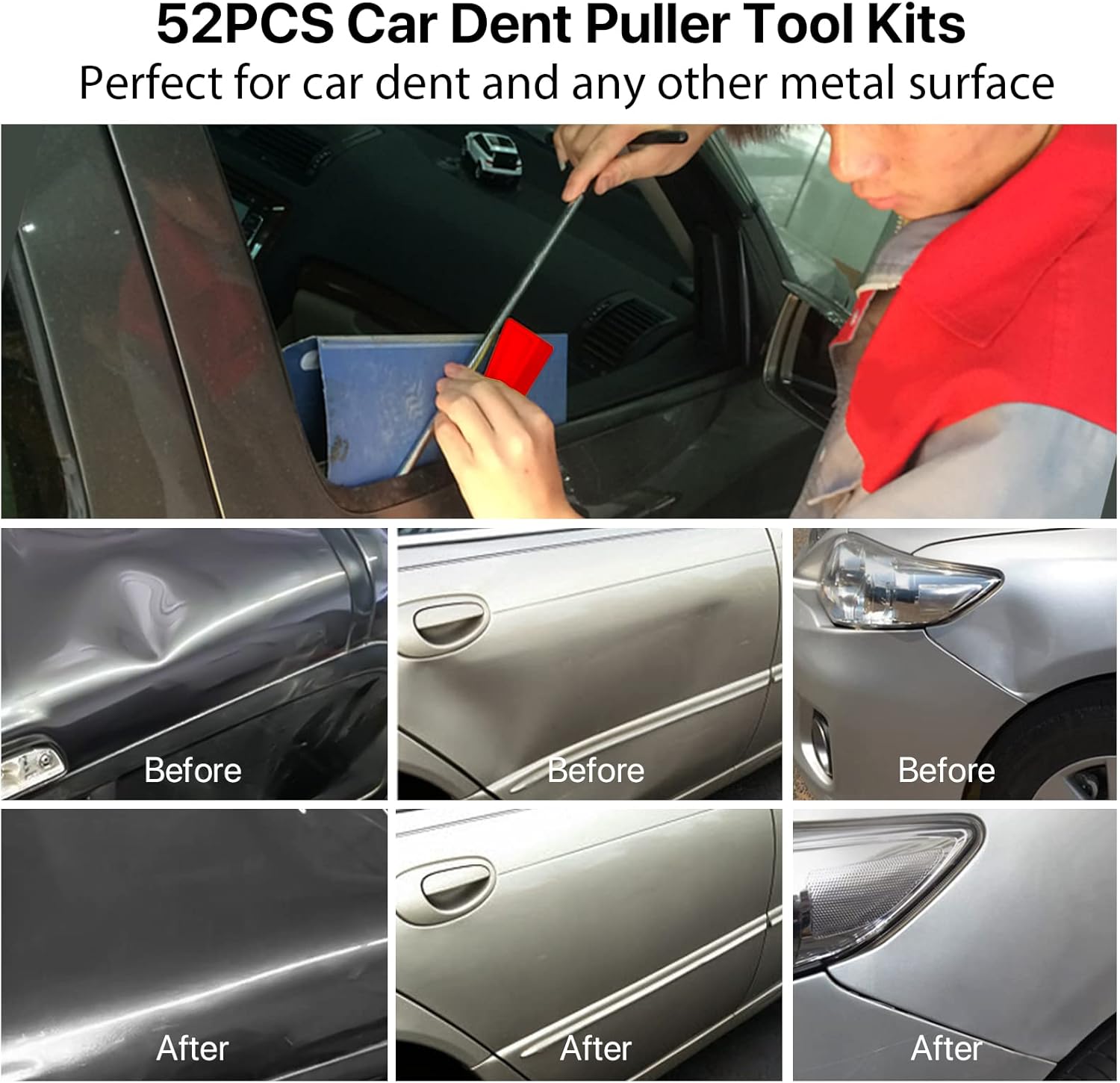 Auto Body Repair Tool Kit, 52pcs Car Dent Puller with Repair Rods, Air Wedge Bag, Window Wedge, T-bar Dent Puller for Car Dent Remover, Paintless Dent Repair Kit for Minor Dent and Deep Dent Removal