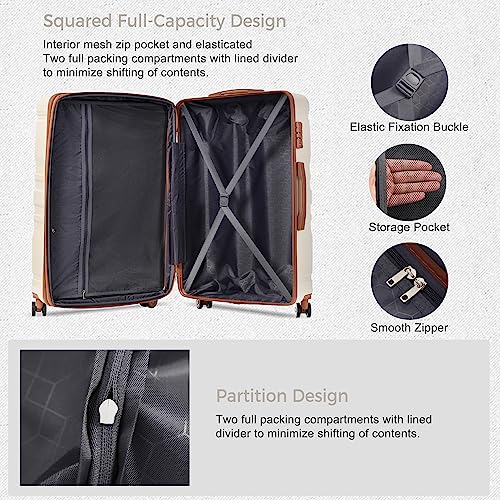 Merax Expandable Hardside Luggage Spinner Wheel Suitcase TSA Lock Suit Case, Brown and Ivory, 4-Piece Set