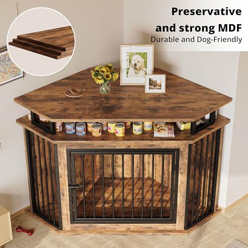 IRONCK 51" Corner Wooden Dog Crate Furniture with 2-Tier Shelves, Pet Kennel for Large Dogs, Space-Saving Dog Cage Indoor, Rustic Brown (26.7" L x 51.2" W x 33.5" H)