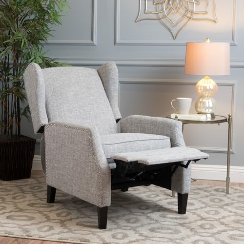 LUMISOL Upholstered Wingback Recliner Chair, Manual Push Back Recliner with Curved Arms, Single Reclining Sofa Chair with Wood Legs and Nailhead Trim for Nursery, Bedroom, Living Room (Light Grey)