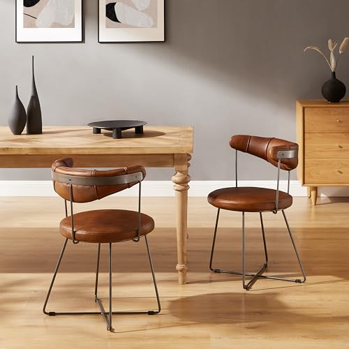 Art Leon Genuine Leather Accent Chair, Mid Century Modern Side Chair with Black Metal Legs, Armless Chair for Living Room Bedroom, Cognac