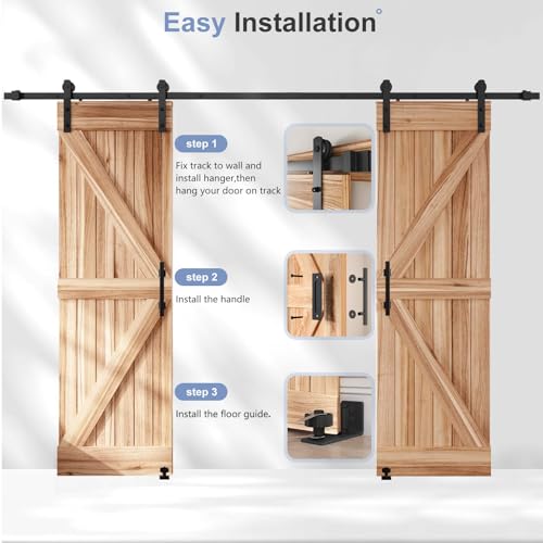 EaseLife 12 FT Double Sliding Barn Door Track and Handle Hardware Kit,Straight Pulley,Slide Smoothly Quietly,Easy Install (12FT Track Kit for 33"~36" Wide Double Door)
