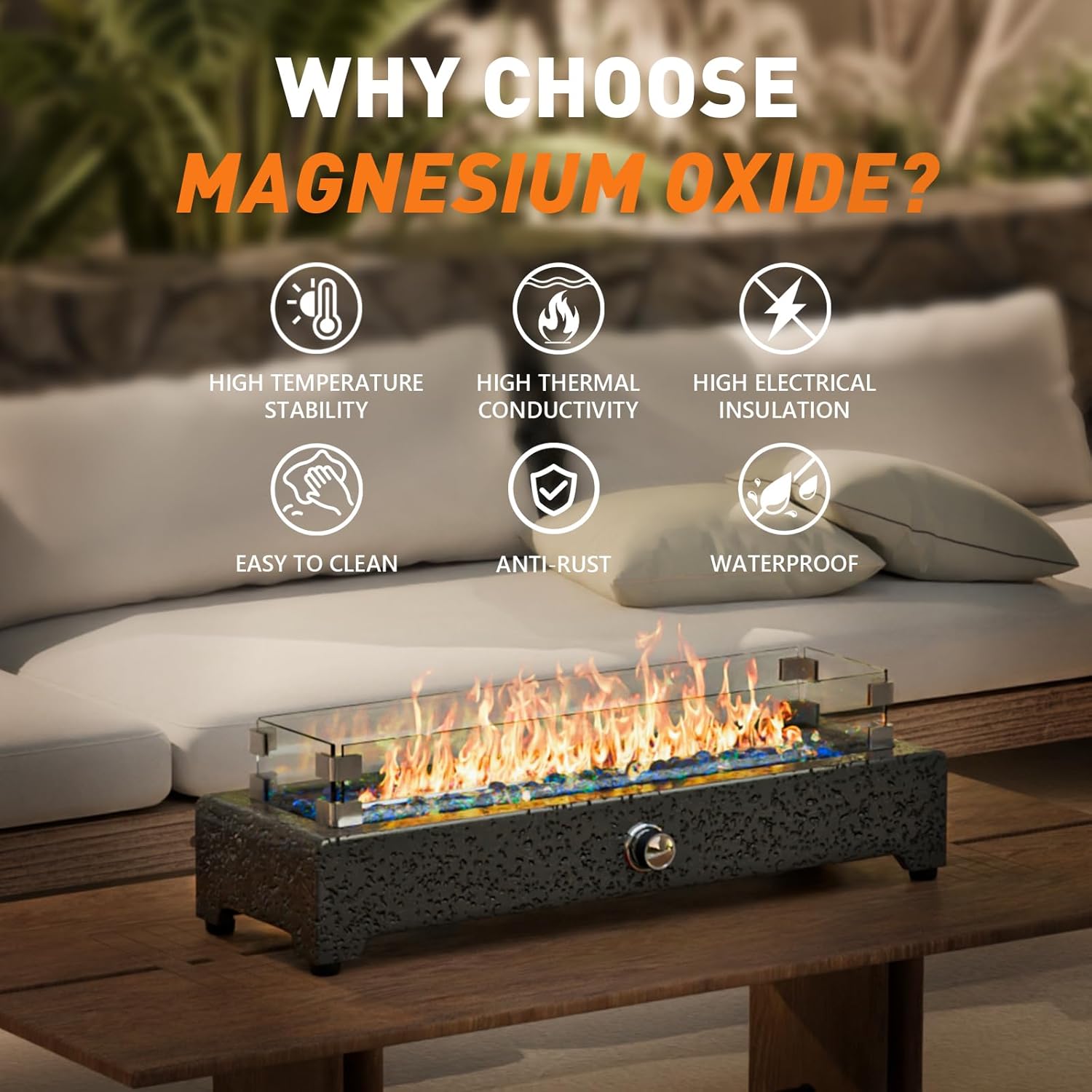 COSIEST 28" Tabletop Fire Pit, Outdoor Propane Fire Pit Table w Magnesium Oxide Rectangle Base, 40,000 BTU Stainless Steel Burner, Glass Rocks, Glass Wind Guard, Fits 20lb Tank Outside