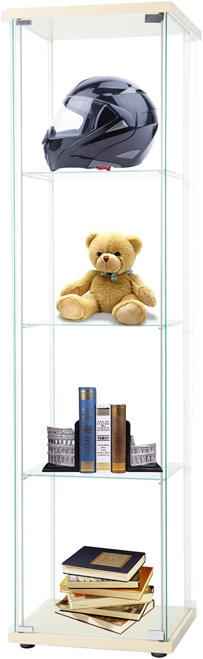 LFT HUIMEI2Y 4-Shelf Glass Display Cabinet with Door, Curio Cabinets 4mm Tempered Glass Floor Standing Bookshelf for Bedroom, Kitchen, Living Room 64��x 17��x 14.5�� Natural Wood