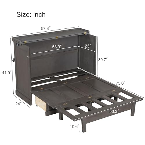Harper & Bright Designs Queen Size Murphy Bed, Solid Pine Queen Murphy Bed Frame Chest Cube Cabinet Bed with Charging Station and Large Storage Drawer for Home Office or Small Room, Gray