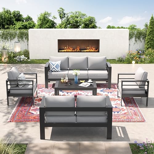 UDPATIO 8 Piece Aluminum Patio Furniture Set, Oversized Modern Outdoor Furniture Set with Olefin Fabric Cushion for Patio Deck Backyard, Dark Grey(with Waterproof Covers)