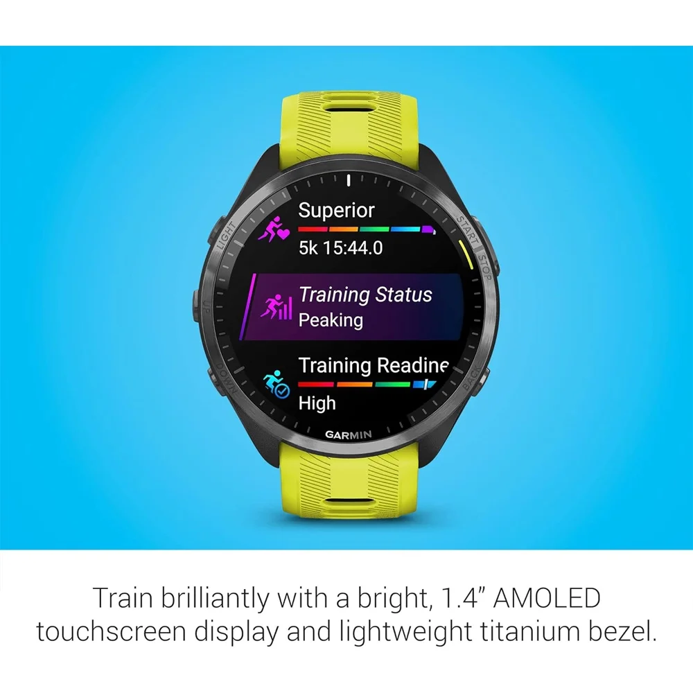 Garmin 010-02809-02 Forerunner 965 Running Smartwatch, Amp Yellow and Black Bundle with Workout Cooling Sport Towel + Deco Essentials Wearable Commuter Front & Rear Safety Light