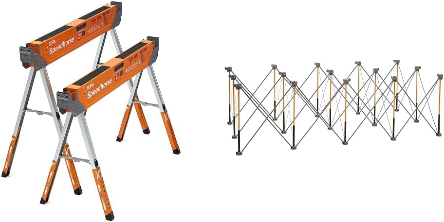 Bora Portamate Speedhorse XT Adjustable Height Sawhorse Pair- Two pack, 30-36 inch height adjustable Legs, Metal Top for 2x4, Heavy Duty Pro Bench Saw Horse for Contractors, Carpenters - PM-4550T