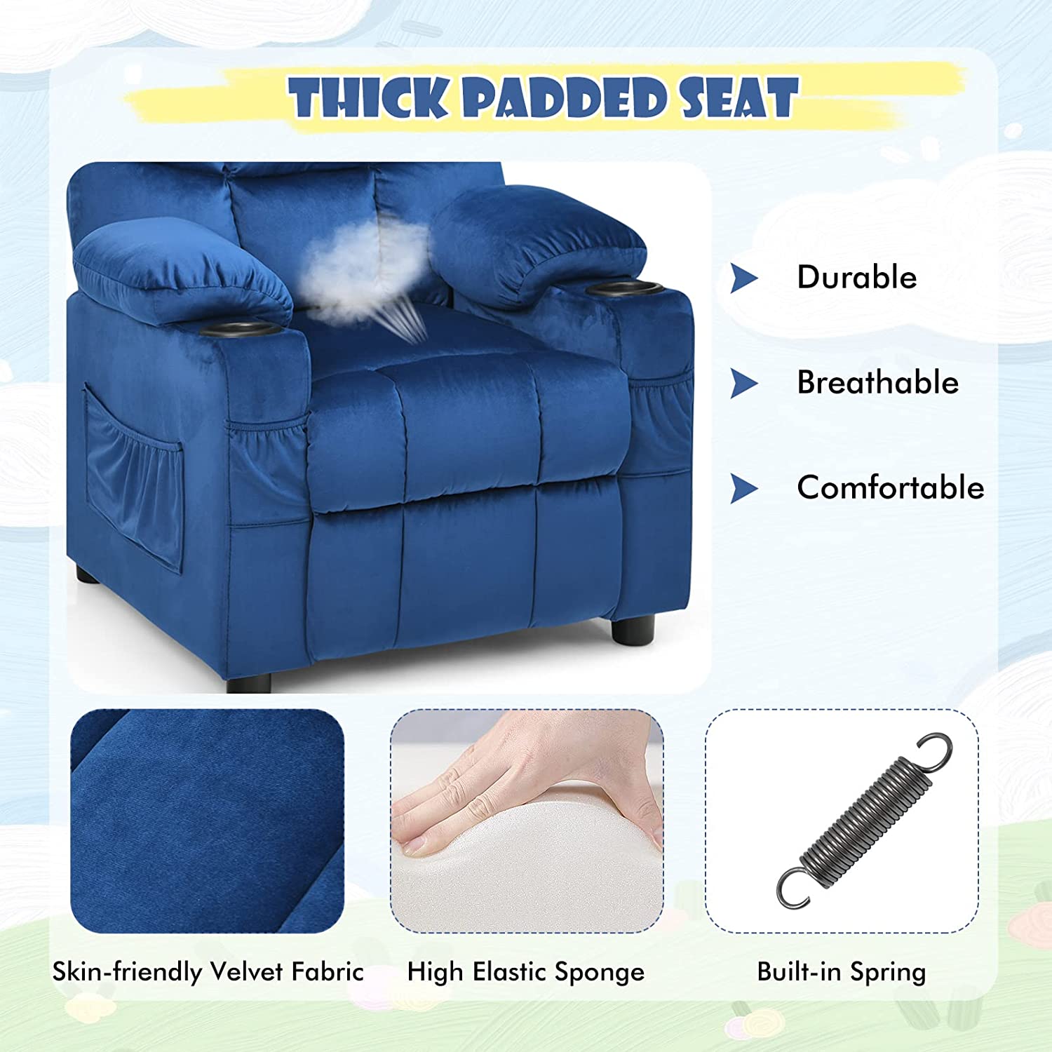 Kids Recliner Chair, Toddler Armchair Upholstered Couch with Cup Holder, Child Furniture for Ages，Adjustable Lounge Recliner，Blue