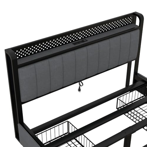 Queen Bed Frame, LED Bed Frame Queen Size with LED Headboard and 4 Storage Drawers, Upholstered Platform Bed with USB Port Sockets, Heavy Duty Wooden Slats Platform Bed Dark Gray