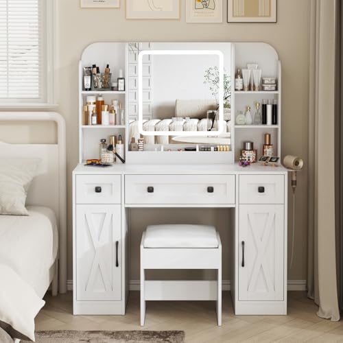 Vabches Makeup Vanity Desk, Vanity Mirror with Lights Desk and Chair,Makeup Table with 3 Large Drawers and 2 Cabinets, Time and Temperature Display, 3 LED Lighting Modes Adjustable, White