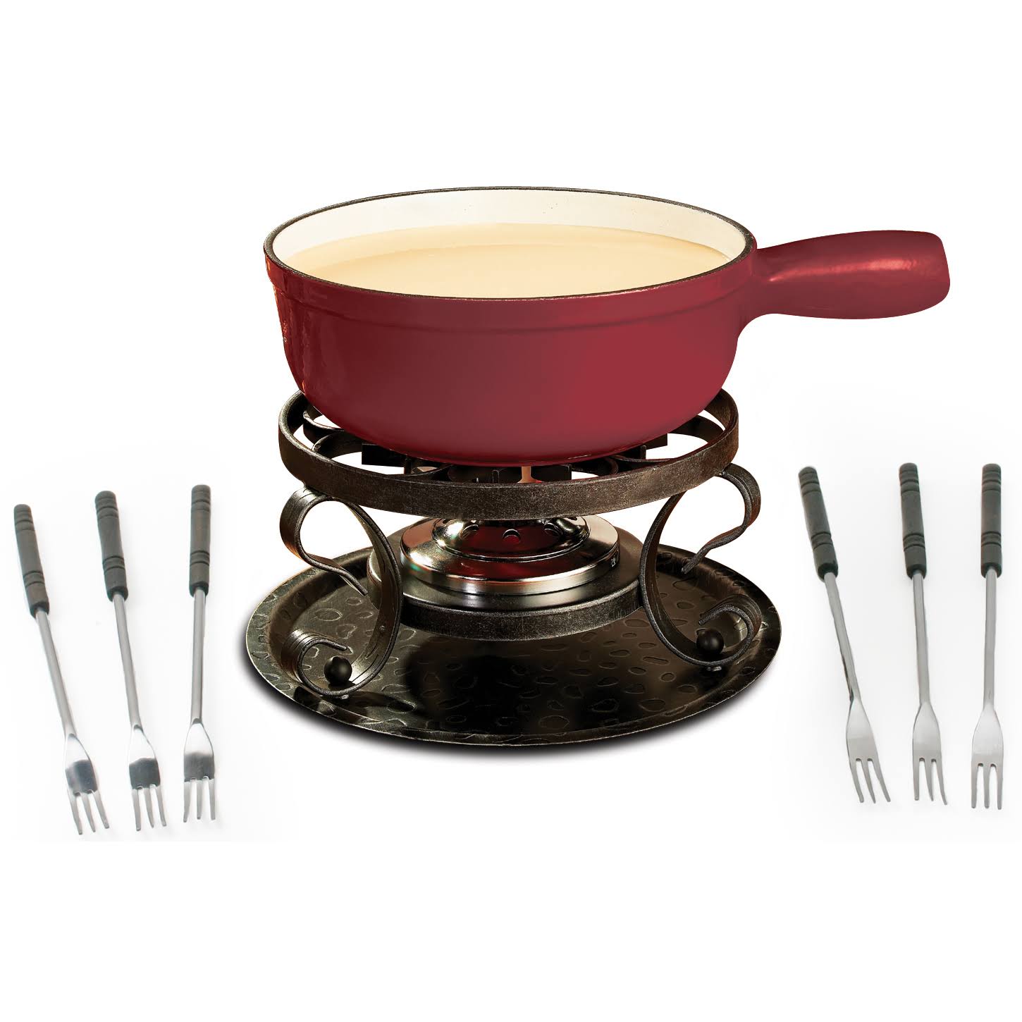 Swissmar Lugano 2-Quart Cast Iron Cheese Fondue Set, 9-Piece, Cherry Red