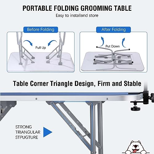 Dog/Pet Grooming Table Foldable Height Adjustable - 42-inch Portable Dog Grooming Table with Arm Noose & Mesh Tray, Maximum Capacity Up to 300lbs, Dark Blue