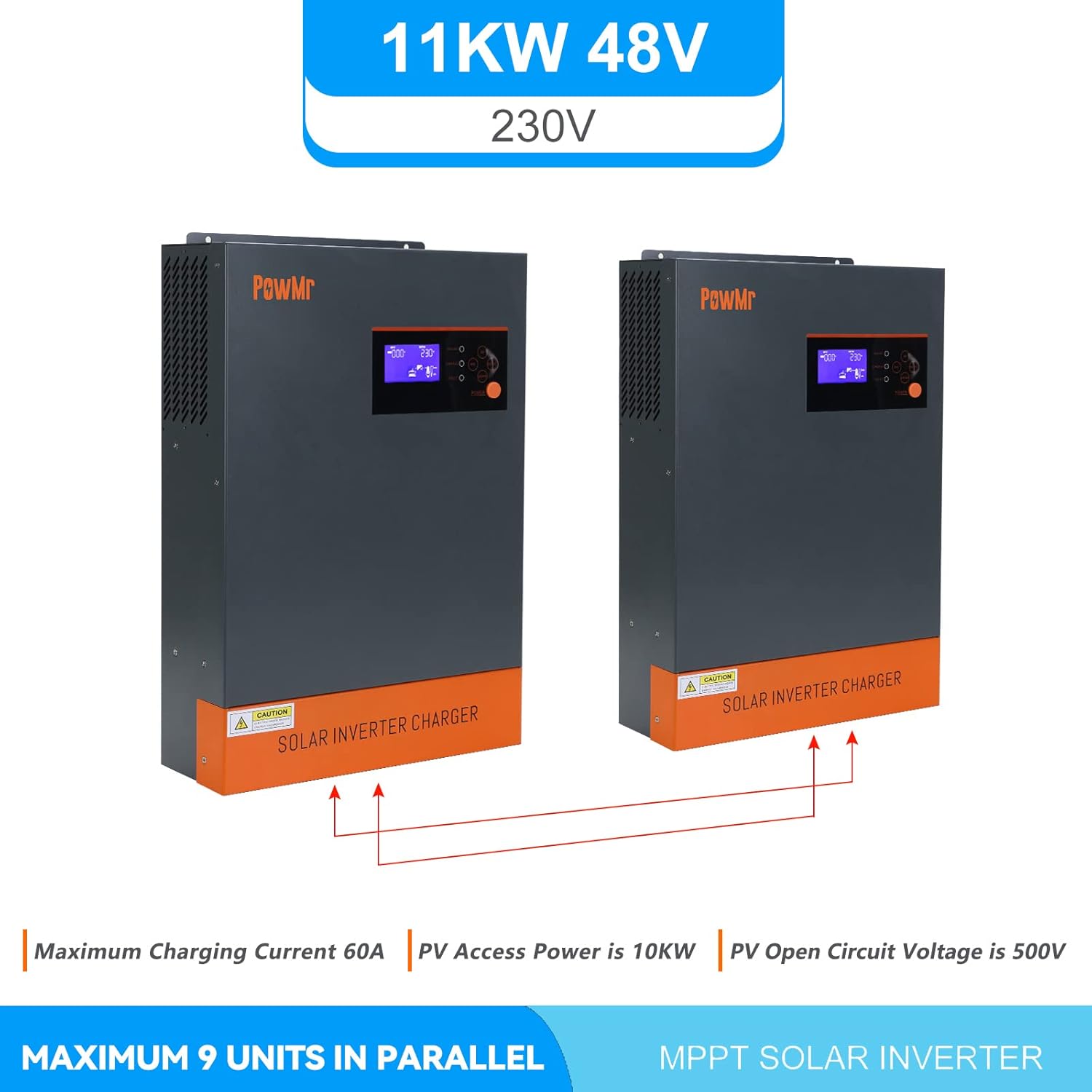 PowMr 5500W Hybrid Inverter 48V Pure Sine Wave Inverter Low Frequency Inverter DC 48V AC to 220V-230V AC Hybrid Solar Inverter Work Without Battery and Nine inverters in Parallel Solar Inverter