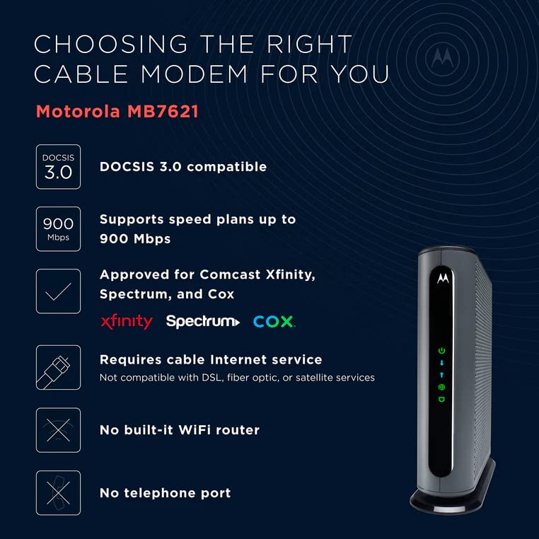 Motorola MB8611 DOCSIS 3.1 Multi-Gig Cable Modem | Pairs with Any WiFi Router | Approved for Comcast Xfinity, Cox Gigablast, Spectrum | 2.5 Gbps Port | 2500 Mbps Max Internet Speeds