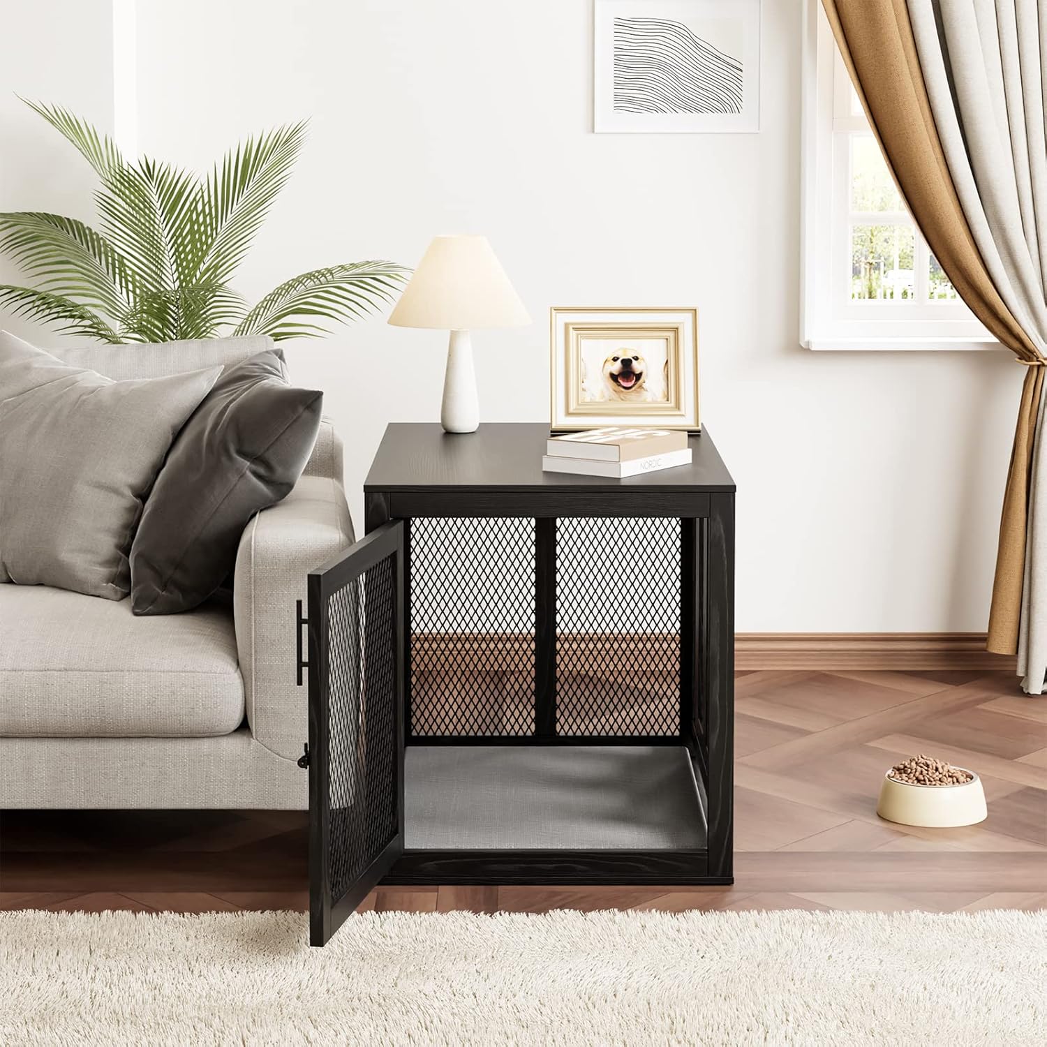 Furniture Style Dog Crate with Tray and Cushion, Double Doors Wooden Dog Kennel End Table, Decorative Pet Crate House Cage Indoor for Small Medium Dogs