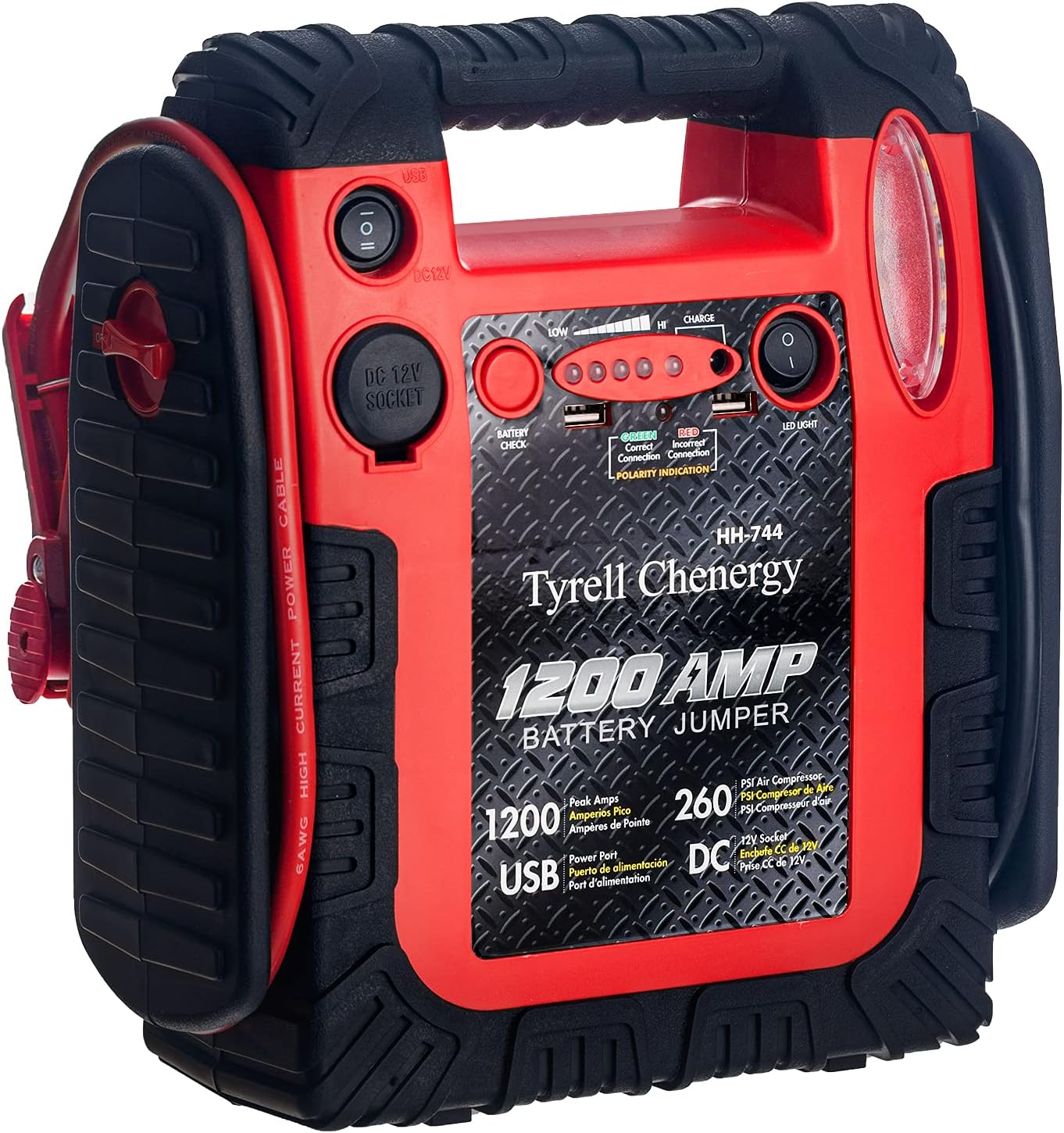 Jump Starter 1200Amp 12V Car Starter Power Station with 260 PSI Air Compressor 5V/2.1A USB DC Sockets 12V for Your Outdoor Trip