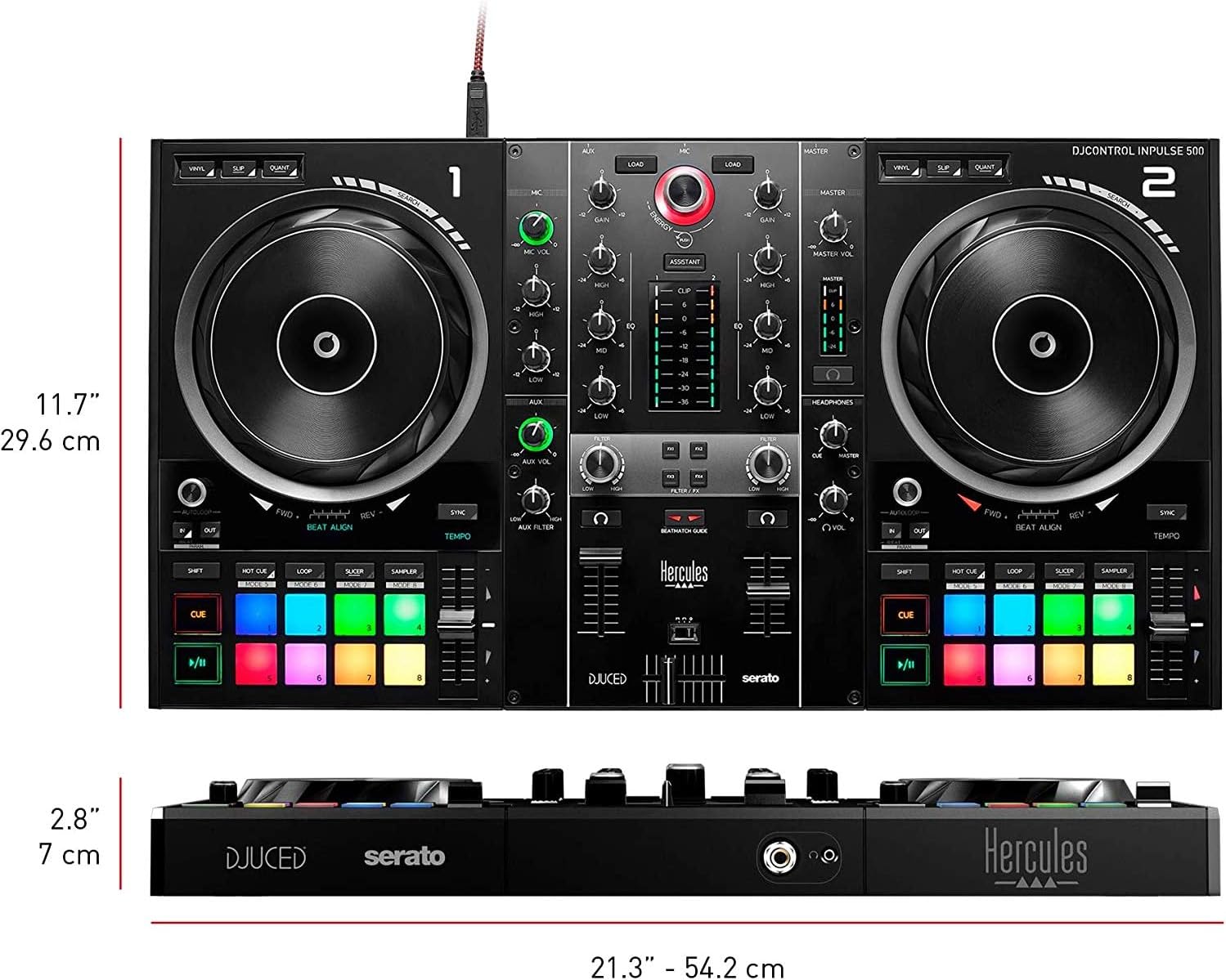 Hercules DJ Control Inpulse 500 DJ Software Controller + Professional DJ Headphones + Stereo Audio Cable + Hosa Interconnect Cable