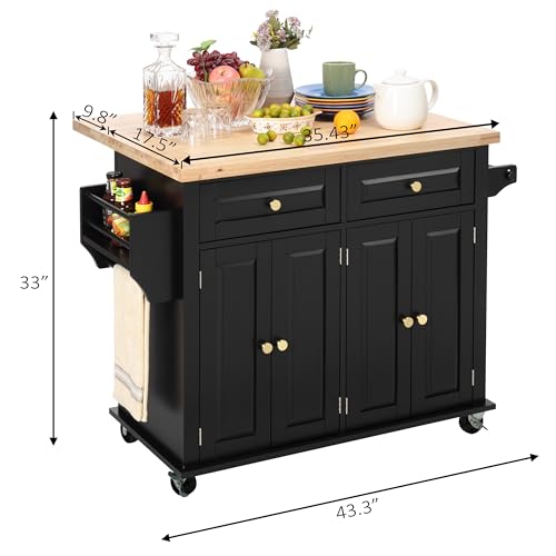 Finnhomy Rolling Kitchen Island With Drop Leaf, Thicken Rubberwood Top, Spice Rack, Towel Rack, Drawer, 43.3" Portable Mobile Kitchen Island Carts Table, Storage Cabinet, Both Wheels and Feet Included