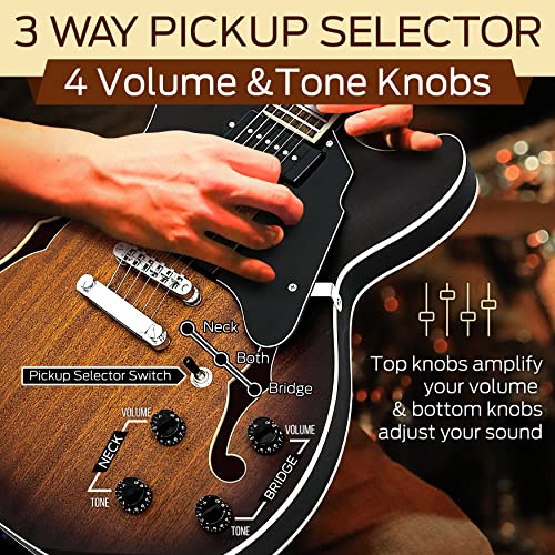 Pyle, Semi Hollow Electric Guitar ,Electric Guitar Kit ,Jazz Style, 6 String w/ Gig Bag and Accessories, Full Size - 41.8