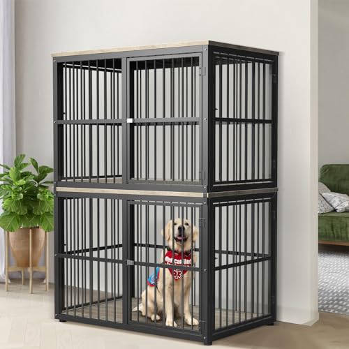 86.62''Dog Crate Furniture Large Breed TV Stand with Double Rooms,Wooden Dog Kennel Dog Crate End Table with Removable Divider for Large Medium Dogs, Can Use Separately, Brown
