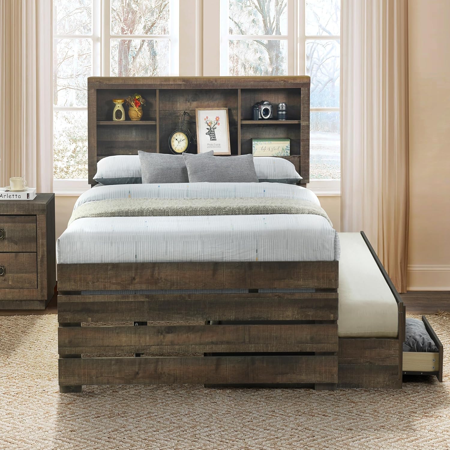 Farmhouse Style Twin Size Bookcase Captain Bed with Three Drawers and Trundle, Rustic Brown